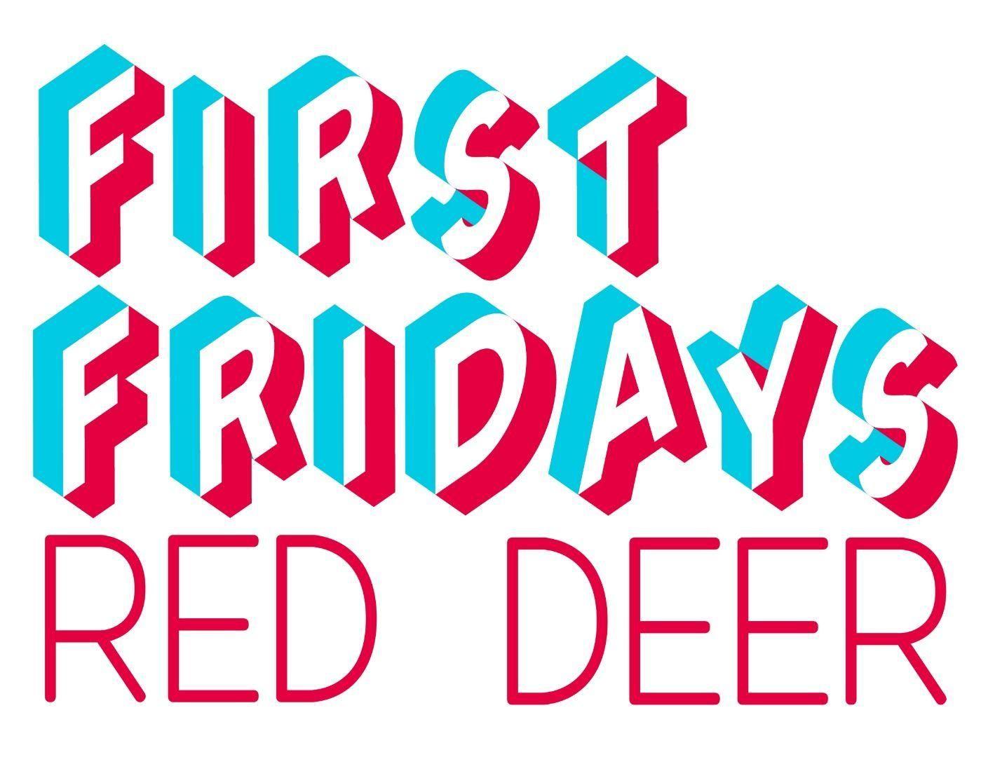 Energetic blue and red text reading First Fridays Red Deer